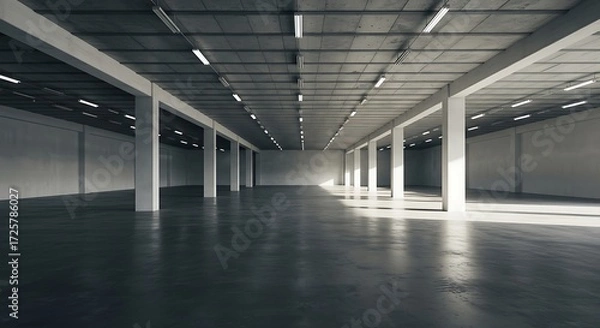 Obraz Empty warehouse interior featuring concrete floor and white pillars bathed in sunlight, creating a spacious and industrial atmosphere.