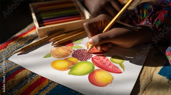 Fototapeta Child drawing colorful fruits with colored pencils on patterned surface  