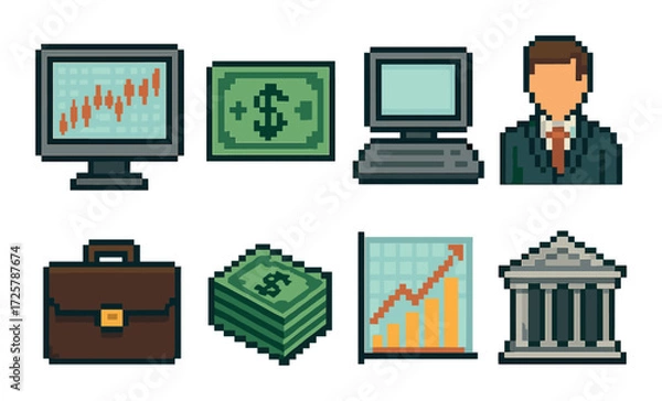 Fototapeta Pixel art business icons: technology, finance, growth, and professional concepts