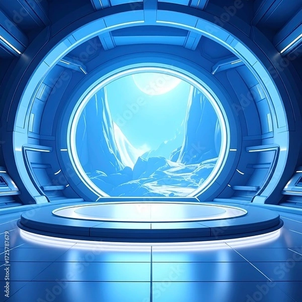 Obraz Futuristic blue interior with a window