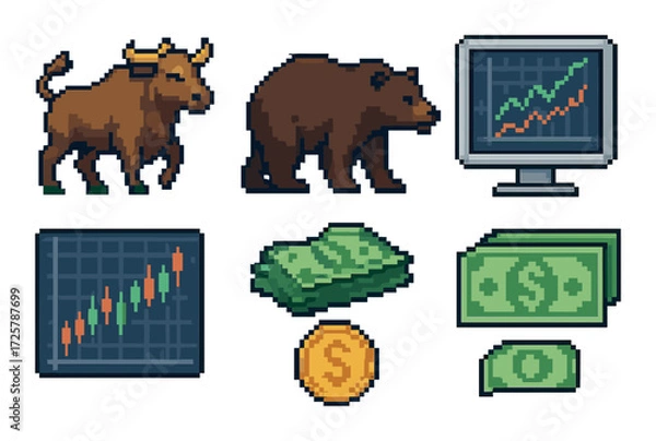 Fototapeta Pixel art illustrations of bull and bear markets with graph and currency symbols