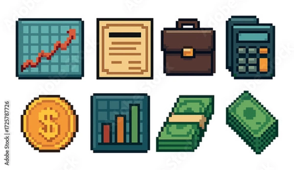Fototapeta Retro pixel art finance icons featuring charts, money, calculator, briefcase