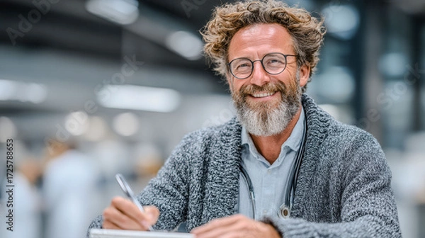 Fototapeta A man with glasses and a beard is smiling while writing. He is wearing a gray sweater and a blue shirt