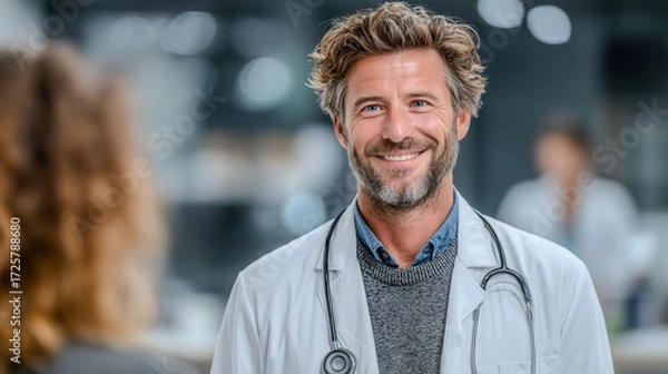 Fototapeta A man in a white coat with a stethoscope is smiling at the camera. He is wearing a blue shirt and a sweater