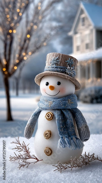 Fototapeta Cartoon charming and whimsical cheerful snowman standing in snow near house with Christmas lights.