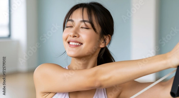 Fototapeta A smiling female athlete in a pale pink top closes her eyes in a moment of joyful exertion, stretching a band during her focused workout in a bright studio.