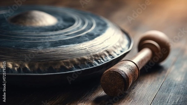 Fototapeta Close-Up of Traditional Gong and Wooden Mallet on Rustic Surface