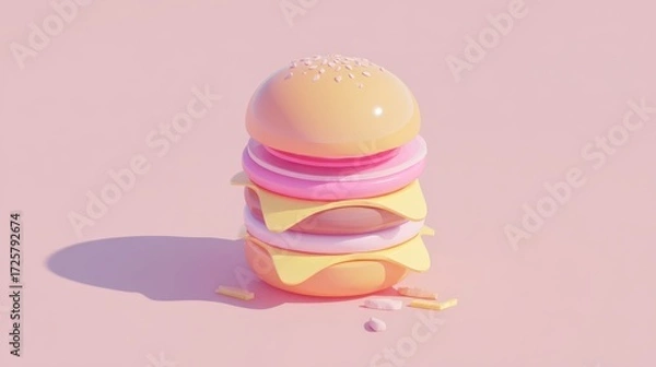 Fototapeta Colorful and Playful Stack of Cartoonish Burger Layers on Pink Background