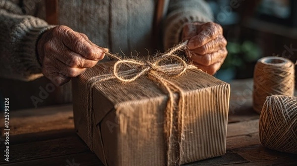 Fototapeta Crafting a Rustic Gift Box with Natural Twine and Hands of Experience