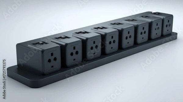 Fototapeta Eight-Socket Power Strip with Black Plastic Housing and Design