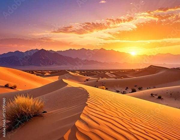Obraz Golden desert sunset over mountains
