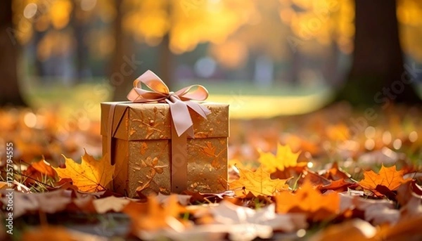 Obraz Golden gift box in autumn leaves