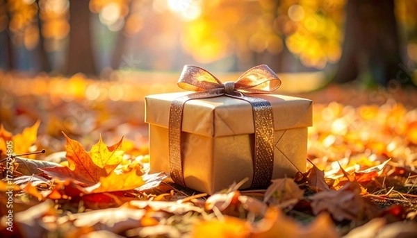 Obraz Golden gift box in autumn leaves (1)