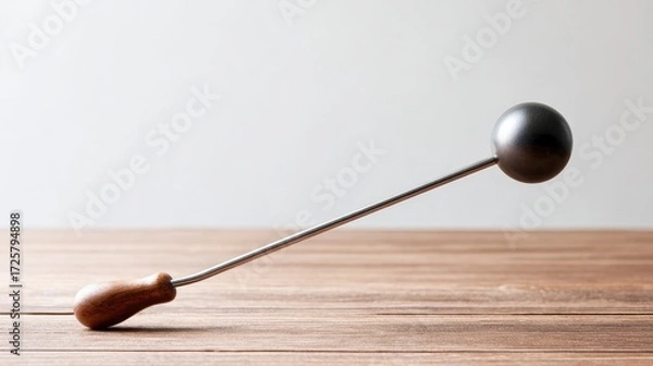 Fototapeta Sleek Metal Tool with Wooden Handle on Wooden Table Surface