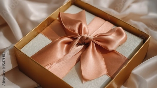 Fototapeta Open gift box with a peach ribbon on delicate silk fabric. Luxury present for a special event or Birthday.