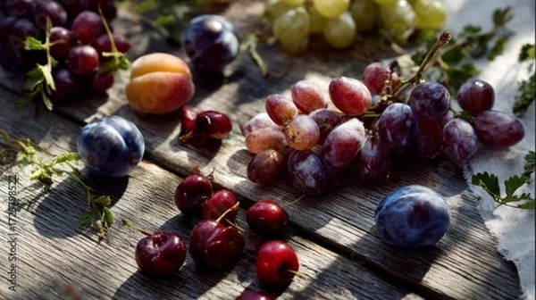 Fototapeta Assorted fresh fruit on rustic wooden surface plums grapes cherries and peach