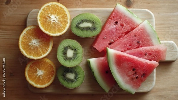 Fototapeta Sliced oranges kiwi fruit and watermelon on a wooden board sliced fruit
