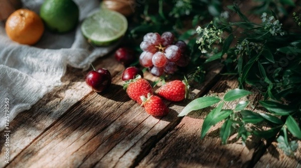 Fototapeta Fresh strawberries grapes cherries and citrus fruits arranged on rustic wooden surface with greenery