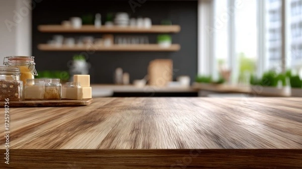 Fototapeta Wooden kitchen table with jars of food and blurred background countertop