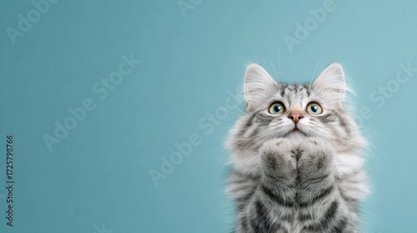 Fototapeta Fluffy gray kitten with paws up against a teal background cat cute animal