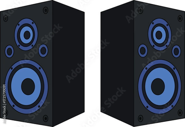 Fototapeta Two modern black speakers with illuminated blue woofer cones perfect for audiophile music production and home entertainment systems isolated on transparent background