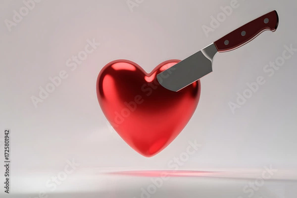 Fototapeta Minimalist 3D Illustration of a Glossy Red Heart Floating in Mid-Air While Pierced by a Large Kitchen Knife on a Soft Gradient Background