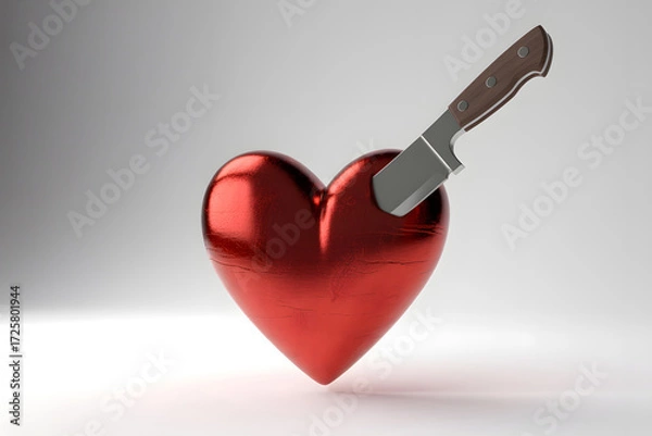 Fototapeta Minimalist 3D Illustration of a Glossy Red Heart Floating in Mid-Air While Pierced by a Large Kitchen Knife on a Soft Gradient Background