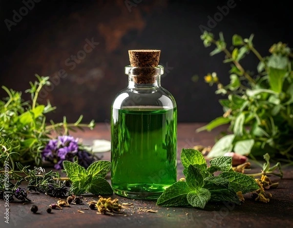 Obraz Green herbal elixir in a glass bottle