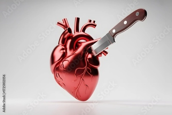 Fototapeta 3D Render of a Realistic Metallic Human Heart Pierced by a Kitchen Knife, Symbolizing Intense Emotional Pain, Betrayal, or Mortality on a Soft Grey Background