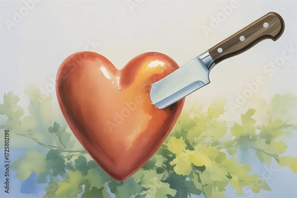 Fototapeta Watercolor-Style Illustration of a Glossy Red Heart Pierced by a Kitchen Knife, Floating Above Green Leaves in a Peaceful Yet Symbolically Painful Scene