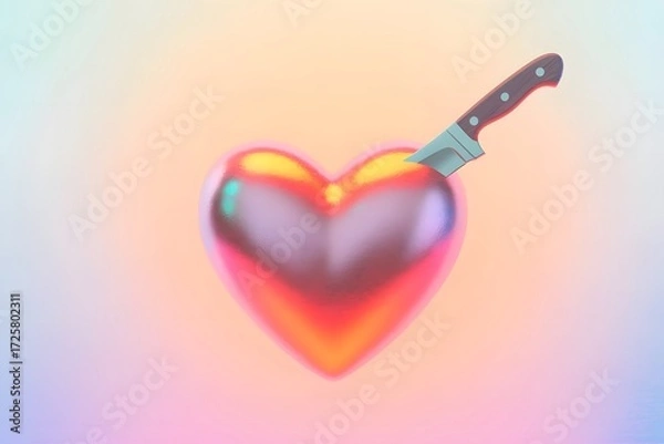 Fototapeta Glossy Metallic Red Heart Pierced by a Knife Floating Against a Soft Dreamy Pastel Background in a Surreal 3D Concept