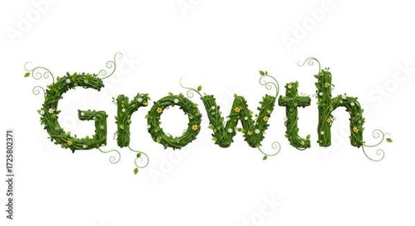 Fototapeta Artistic Green Growth Word Art with Delicate Flowers and Vines Transparent Background