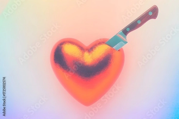 Fototapeta Colorful 3D Illustration of a Glossy Metallic Red Heart Pierced by a Knife, Floating Against a Soft Pastel Gradient Background Symbolizing Emotional Pain and Contrast