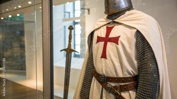 Fototapeta Close Up of Crusader Templar War Costume Displayed in Glass Case for Museum Exhibition