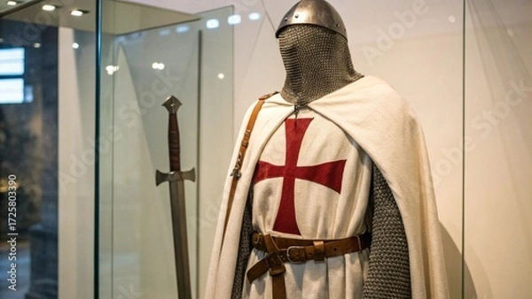 Fototapeta Close Up of Crusader Templar War Costume Displayed in Glass Case for Museum Exhibition