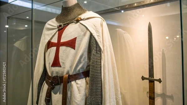 Fototapeta Close Up of Crusader Templar War Costume Displayed in Glass Case for Museum Exhibition