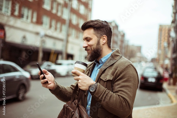 Fototapeta Man using smartphone with coffee on street