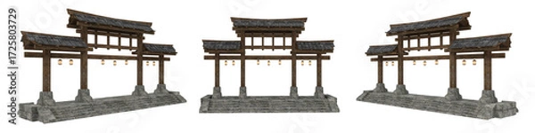 Fototapeta Isolated 3D rendered illustration of an asian entrance structure with stone steps and a tiled roof.