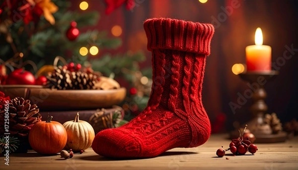 Fototapeta Festive red Christmas stocking