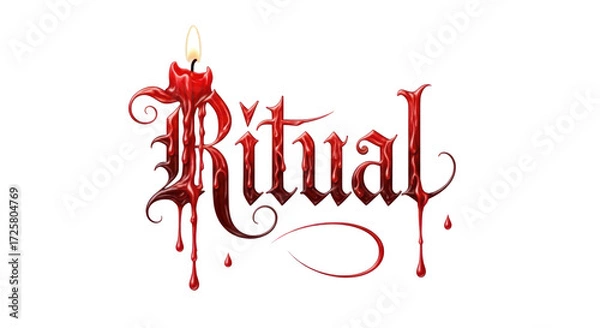 Fototapeta A dripping red candle forming the word Ritual with a stylized script and a burning flame above the capital R