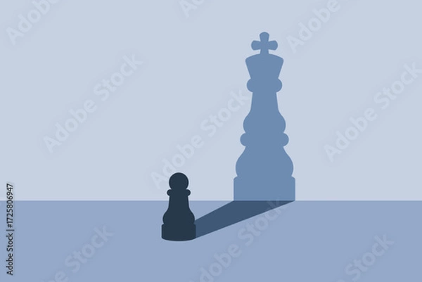 Fototapeta Pawn with king shadow chess figures. Ambition and motivation concept. Confidence and the belief in personal potential. Dream big idea. Self growth, success and win in business. Vector illustration.
