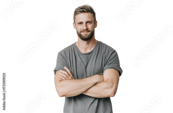 Fototapeta A confident bearded man with short brown hair, wearing a grey tshirt, stands with his arms crossed and looks directly at the camera, isolated on transparent background