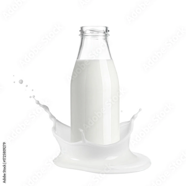 Fototapeta A glass milk bottle is centered within a dynamic milk splash against a black background.