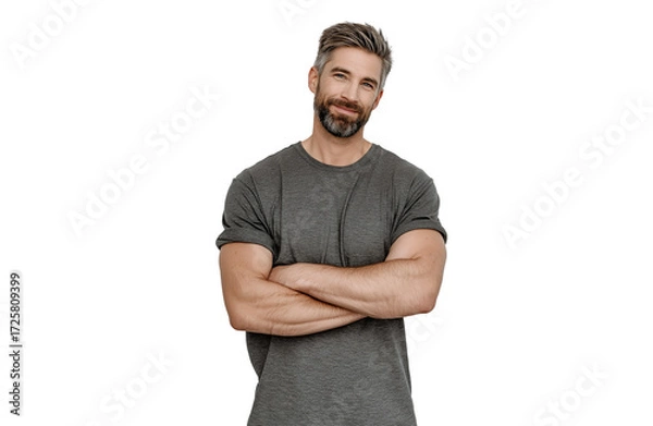 Fototapeta A man with a grey beard and short brown hair, wearing a grey tshirt, stands with his arms crossed and tilts his head slightly, isolated on transparent background