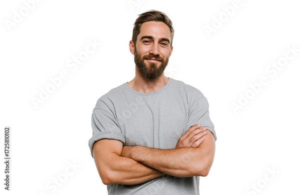 Fototapeta A handsome man with a beard and short brown hair, wearing a grey tshirt, stands with his arms crossed and smiles confidently, isolated on transparent background