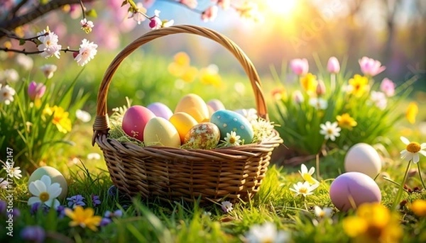 Obraz Easter basket in a spring garden