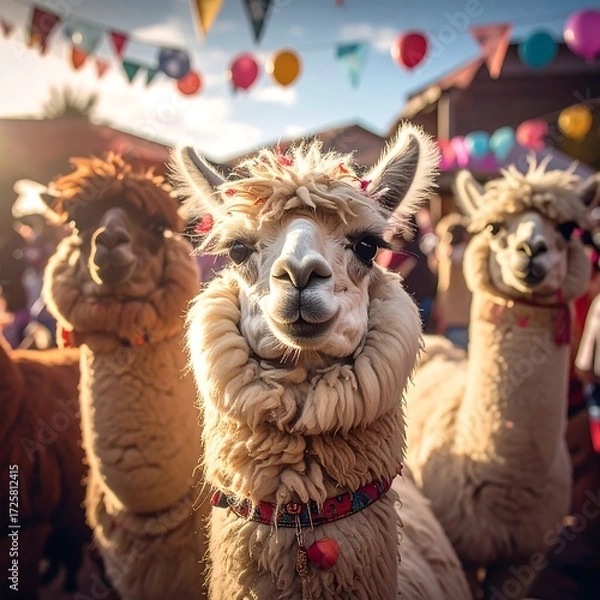Fototapeta Fluffy alpacas in a festive setting