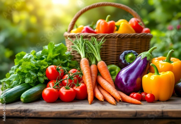 Fototapeta A colorful harvest of fresh vegetables including carrots tomatoes cucumbers bell peppers eggplant and leafy greens arranged in a rustic basket on a wooden table in natural sunlight