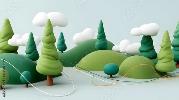 Fototapeta Colorful 3D Landscape with Stylized Trees and Clouds in Soft Pastel Tones for Creative Projects