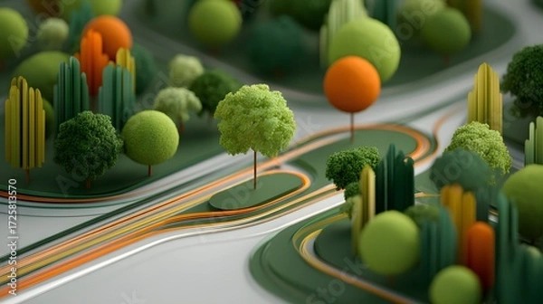 Fototapeta Colorful 3D Illustration of Abstract Landscape with Trees, Roads, and Greenery Elements